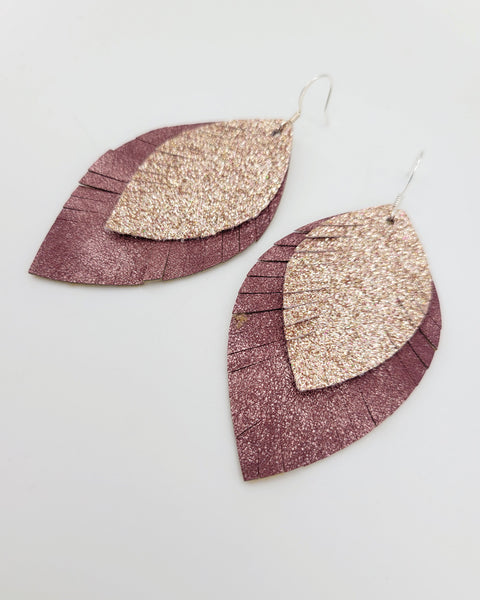 Shimmer Mauve and Champagne Glitter Fringe Leaf Earrings