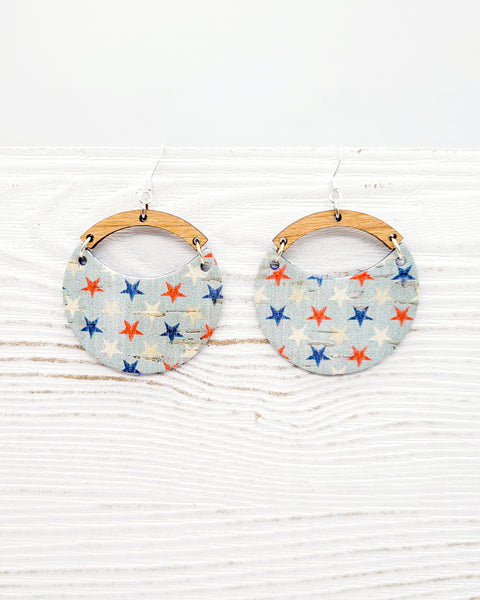 Red, White & Blue Stars Cork and Wood Earrings, Leather Backed