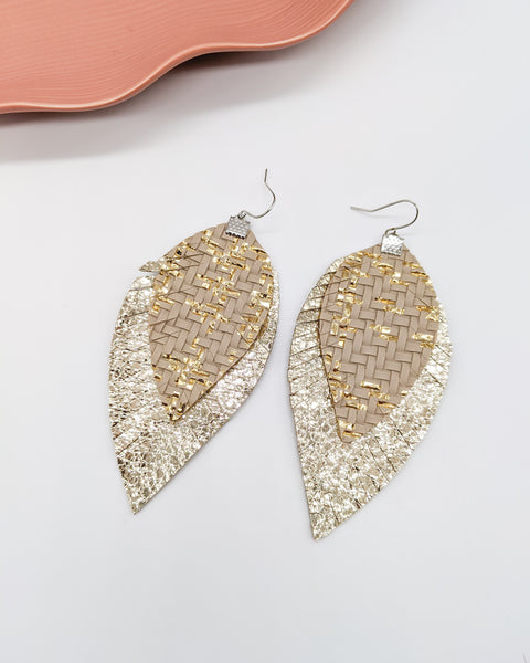 Gold & Taupe Basket Weave Fringe Feather Earrings