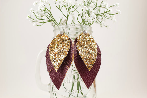 Maroon & Gold Glitter Fringe Feather Earrings